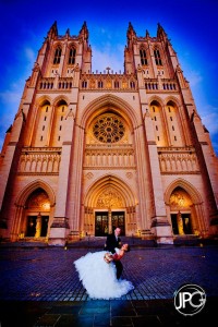 Wedding couple in front of National Cathedral