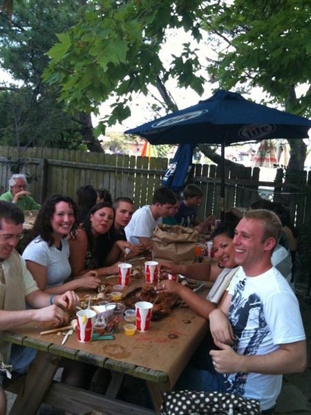 Outside eating all you can eat crabs (I ordered steak) at the Crab Bag.