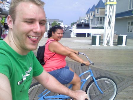 Kristina and I riding bikes on the Ocean City boardwalk.