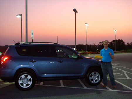 Russells new blue Toyota Rav4 at dusk