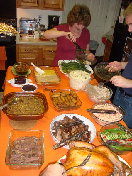 Overhead view of all the Thanksgiving grub.